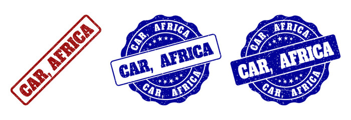 Obraz premium CAR, AFRICA grunge stamp seals in red and blue colors. Vector CAR, AFRICA signs with grunge surface. Graphic elements are rounded rectangles, rosettes, circles and text labels.