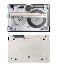 Two sides of retro data cartridge tape isolated on white background. Computer backup tape for data recovery.