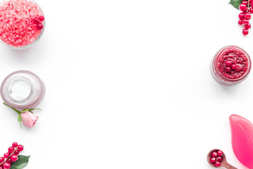organic cosmetics for homemade spa with wineberry salt on white background top view mockup