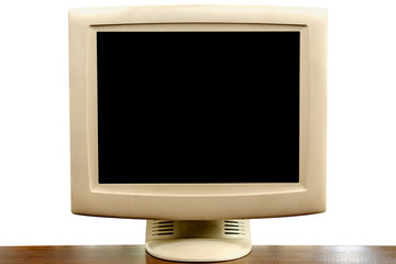 Old CRT computer monitor on 90s office table, blank TV screen  display isolated on white background for retro design