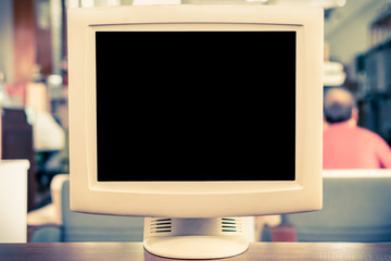 Old CRT computer monitor on 90s office table, blank TV screen  display isolated on white background...