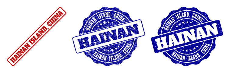 Fototapeta premium HAINAN ISLAND, CHINA grunge stamp seals in red and blue colors. Vector HAINAN ISLAND, CHINA signs with grunge effect. Graphic elements are rounded rectangles, rosettes, circles and text titles.