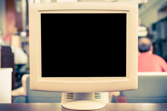 Old CRT Computer Monitor On 90s Office Table, Blank TV Screen  Display Isolated On White Background For Retro Design