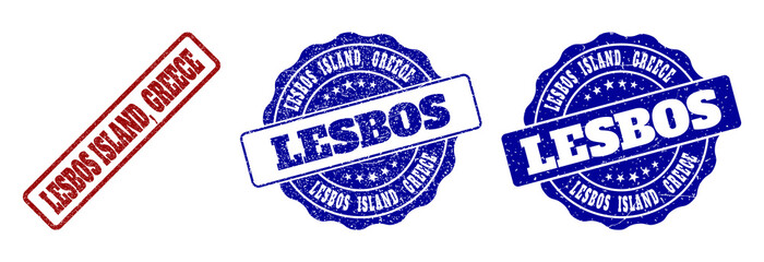 LESBOS ISLAND, GREECE grunge stamp seals in red and blue colors. Vector LESBOS ISLAND, GREECE signs with grunge surface. Graphic elements are rounded rectangles, rosettes, circles and text tags.