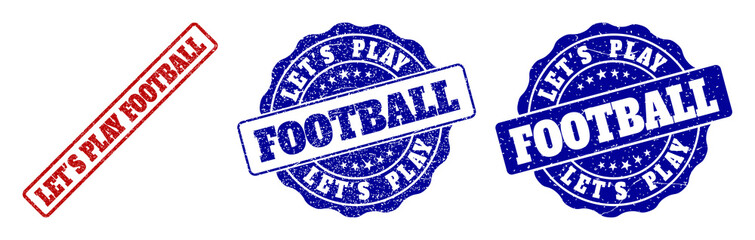 LET'S PLAY FOOTBALL scratched stamp seals in red and blue colors. Vector LET'S PLAY FOOTBALL labels with scratced style. Graphic elements are rounded rectangles, rosettes, circles and text labels.