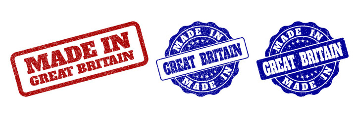MADE IN GREAT BRITAIN scratched stamp seals in red and blue colors. Vector MADE IN GREAT BRITAIN signs with distress effect. Graphic elements are rounded rectangles, rosettes,