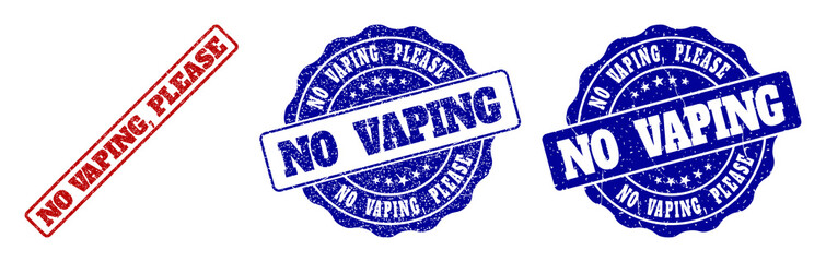 Fototapeta premium NO VAPING, PLEASE scratched stamp seals in red and blue colors. Vector NO VAPING, PLEASE imprints with scratced texture. Graphic elements are rounded rectangles, rosettes, circles and text labels.