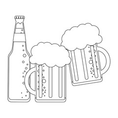 Beer bottle and cups in black and white