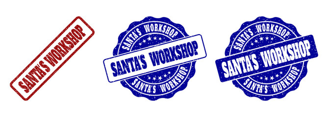 SANTA'S WORKSHOP scratched stamp seals in red and blue colors. Vector SANTA'S WORKSHOP labels with draft effect. Graphic elements are rounded rectangles, rosettes, circles and text captions.