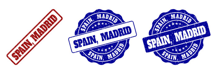 SPAIN, MADRID grunge stamp seals in red and blue colors. Vector SPAIN, MADRID watermarks with grunge surface. Graphic elements are rounded rectangles, rosettes, circles and text labels.