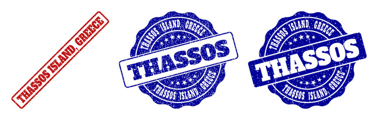 THASSOS ISLAND, GREECE grunge stamp seals in red and blue colors. Vector THASSOS ISLAND, GREECE signs with grunge effect. Graphic elements are rounded rectangles, rosettes, circles and text captions.
