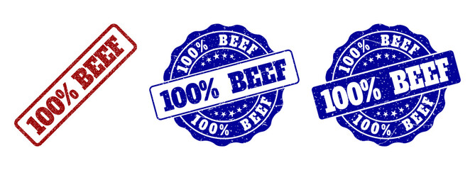 100% BEEF grunge stamp seals in red and blue colors. Vector 100% BEEF imprints with grunge effect. Graphic elements are rounded rectangles, rosettes, circles and text titles.