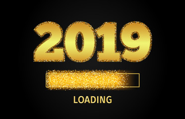 2019 Golden Loading Bar showing progress almost reaching new year. Golden glitter and loading panel on black background. Vector New Year greeting card  illustration.