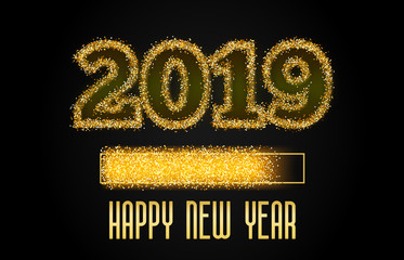 2019 Golden Loading Bar showing progress almost reaching new year. Golden glitter and loading panel on black background. Vector New Year greeting card  illustration.