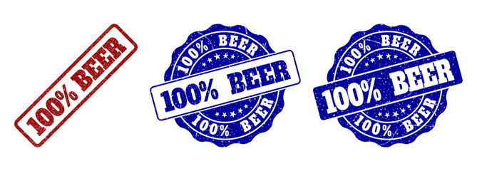 Obraz premium 100% BEER grunge stamp seals in red and blue colors. Vector 100% BEER signs with grunge effect. Graphic elements are rounded rectangles, rosettes, circles and text captions.