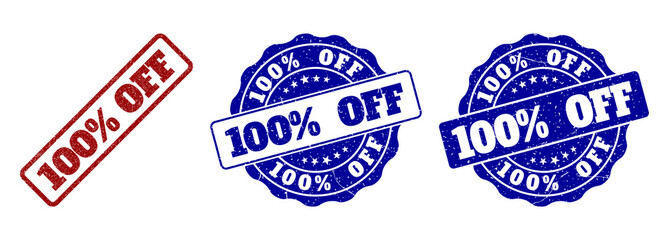 100% OFF grunge stamp seals in red and blue colors. Vector 100% OFF signs with grunge texture. Graphic elements are rounded rectangles, rosettes, circles and text tags.