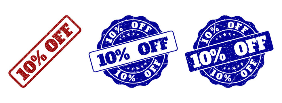 10% OFF grunge stamp seals in red and blue colors. Vector 10% OFF marks with scratced style. Graphic elements are rounded rectangles, rosettes, circles and text titles.