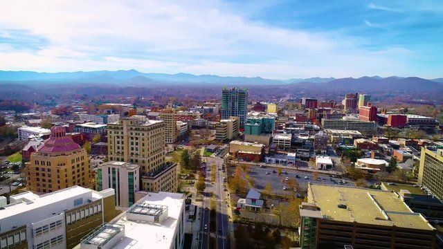 Downtown Asheville North Carolina Skyline Drone Aerial Flyover