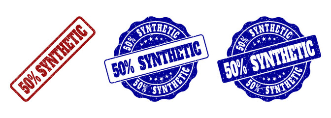 50% SYNTHETIC grunge stamp seals in red and blue colors. Vector 50% SYNTHETIC labels with grunge effect. Graphic elements are rounded rectangles, rosettes, circles and text titles.