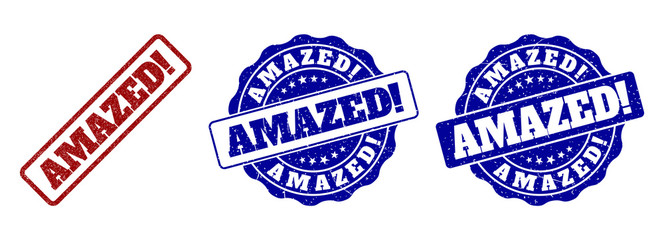 AMAZED! grunge stamp seals in red and blue colors. Vector AMAZED! overlays with grunge style. Graphic elements are rounded rectangles, rosettes, circles and text titles.