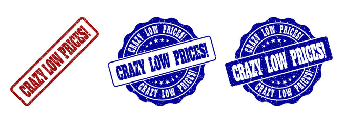 CRAZY LOW PRICES! scratched stamp seals in red and blue colors. Vector CRAZY LOW PRICES! watermarks with grainy style. Graphic elements are rounded rectangles, rosettes, circles and text captions.