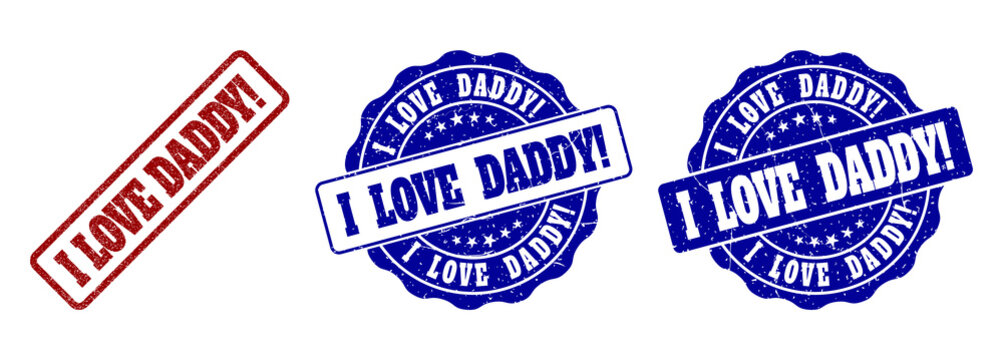 I LOVE DADDY! scratched stamp seals in red and blue colors. Vector I LOVE DADDY! labels with distress surface. Graphic elements are rounded rectangles, rosettes, circles and text labels.