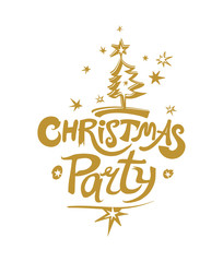 Christmas Party Logo. Template for the holiday party. Handwritten font and Christmas tree and stars vector pattern.