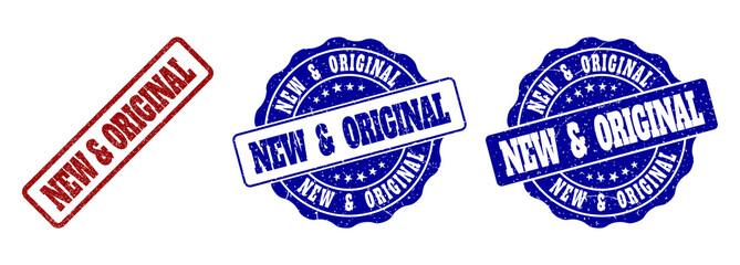NEW & ORIGINAL scratched stamp seals in red and blue colors. Vector NEW & ORIGINAL imprints with draft style. Graphic elements are rounded rectangles, rosettes, circles and text captions.