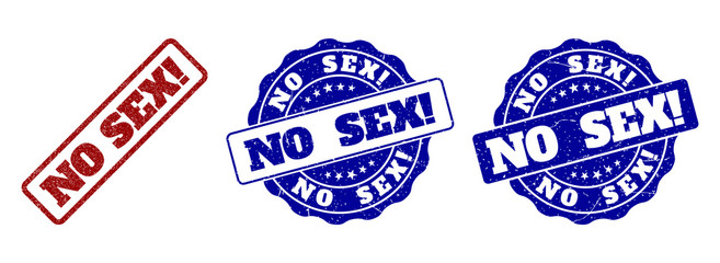 Obraz premium NO SEX! grunge stamp seals in red and blue colors. Vector NO SEX! overlays with grunge texture. Graphic elements are rounded rectangles, rosettes, circles and text tags.