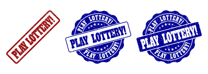 PLAY LOTTERY! grunge stamp seals in red and blue colors. Vector PLAY LOTTERY! signs with grunge style. Graphic elements are rounded rectangles, rosettes, circles and text tags.