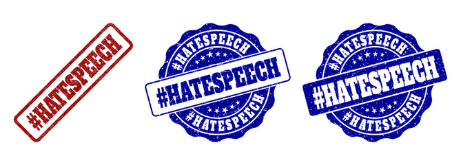 #HATESPEECH grunge stamp seals in red and blue colors. Vector #HATESPEECH signs with distress style. Graphic elements are rounded rectangles, rosettes, circles and text tags.