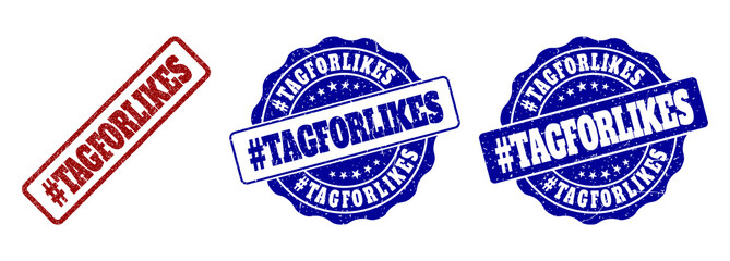 #TAGFORLIKES scratched stamp seals in red and blue colors. Vector #TAGFORLIKES overlays with dirty style. Graphic elements are rounded rectangles, rosettes, circles and text titles.