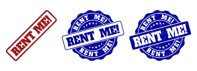 RENT ME! grunge stamp seals in red and blue colors. Vector RENT ME! imprints with grunge effect. Graphic elements are rounded rectangles, rosettes, circles and text captions.