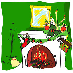 Christmas eve,fireplace, hand drawn