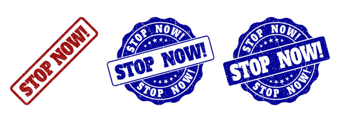 STOP NOW! grunge stamp seals in red and blue colors. Vector STOP NOW! marks with grunge effect. Graphic elements are rounded rectangles, rosettes, circles and text titles.