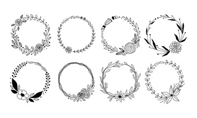 vector botanical collection of floral and herbal wreaths. isolated vector wreath with plants, branches and flowers ink sketch design. hand drawn line art set for cards, invitations, logo, diy projects