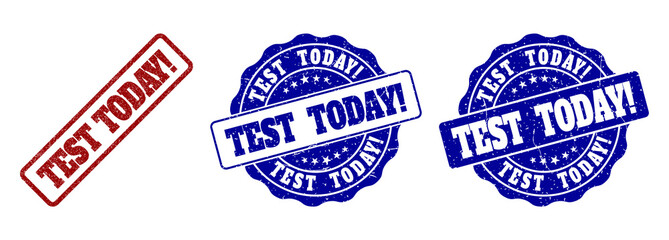 Obraz premium TEST TODAY! grunge stamp seals in red and blue colors. Vector TEST TODAY! labels with dirty surface. Graphic elements are rounded rectangles, rosettes, circles and text titles.