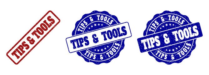 TIPS & TOOLS scratched stamp seals in red and blue colors. Vector TIPS & TOOLS labels with dirty texture. Graphic elements are rounded rectangles, rosettes, circles and text labels.