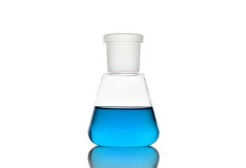 Erlenmeyer flask with blue liquid on white background