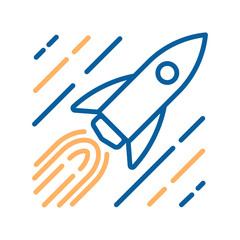 Trendy thin line icon of a rocket in space flying at speed of light with stars motion trail. Vector illustration of a spaceship for different concepts like space exploration, technology, science,