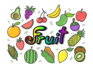 Set of doodle draw by hand on the tablet are fruits and calligraphy. Vector illustration.