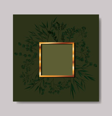 square golden frame and leafs wreath