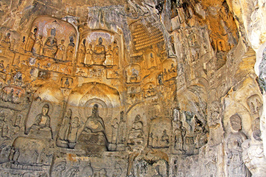 Longmen Grottoe : The Binyang Cave. The world heritage site, Chinese Buddhist art. Located in Louyang, Henan province China. Selective focus.