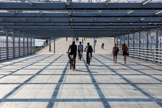 Covered pedestrian crossing over the road near the Gazprom Arena stadium in St. Petersburg