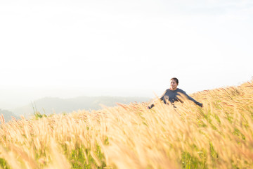 Happy Woman Life Style, Smiling Girl Raised Open Arms, Active Outdoor Relax in Nature