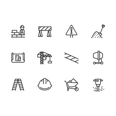 Simple set symbols building construction and engineering line icon. Contains such icon brick wall, worker, builder, tower crane, concrete mixer, drawing, plan, stairs, helmet, trolley, jackhammer.