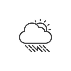Sunny thunderstorm cloud with rain outline icon. linear style sign for mobile concept and web design. Rainy cloud with sun and lightning simple line vector icon. Symbol, logo illustration