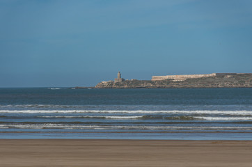 View to Mogador island from Essaouira sand city beach, Morocco