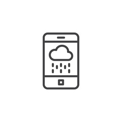 Smartphone with rainy cloud outline icon. linear style sign for mobile concept and web design. Mobile weather app simple line vector icon. Symbol, logo illustration. Pixel perfect vector graphics