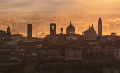 Bergamo, one of the most beautiful city in Italy. Lombardy. Amazing landscape of the old town and the fog covers the plain